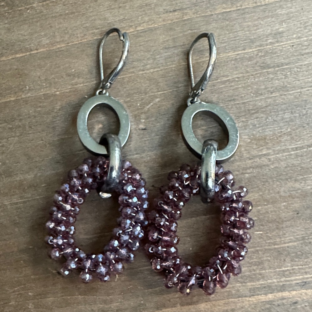 Purple Beaded Hoop Drop Earrings - Women Jewelry